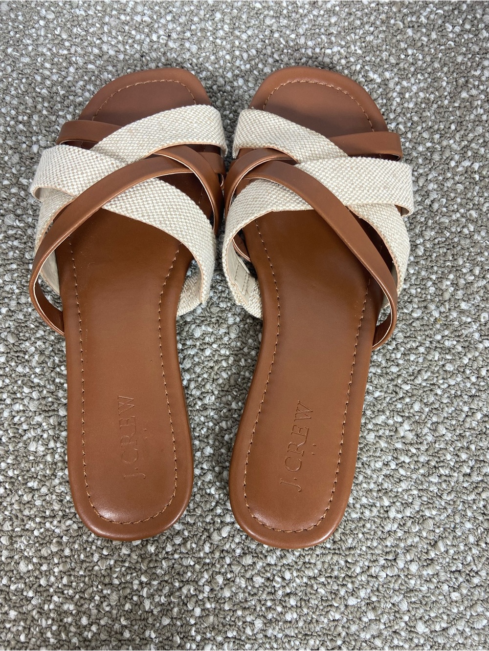 J. Crew Tan Leather & Cream Woven Crisscross Slide Sandals